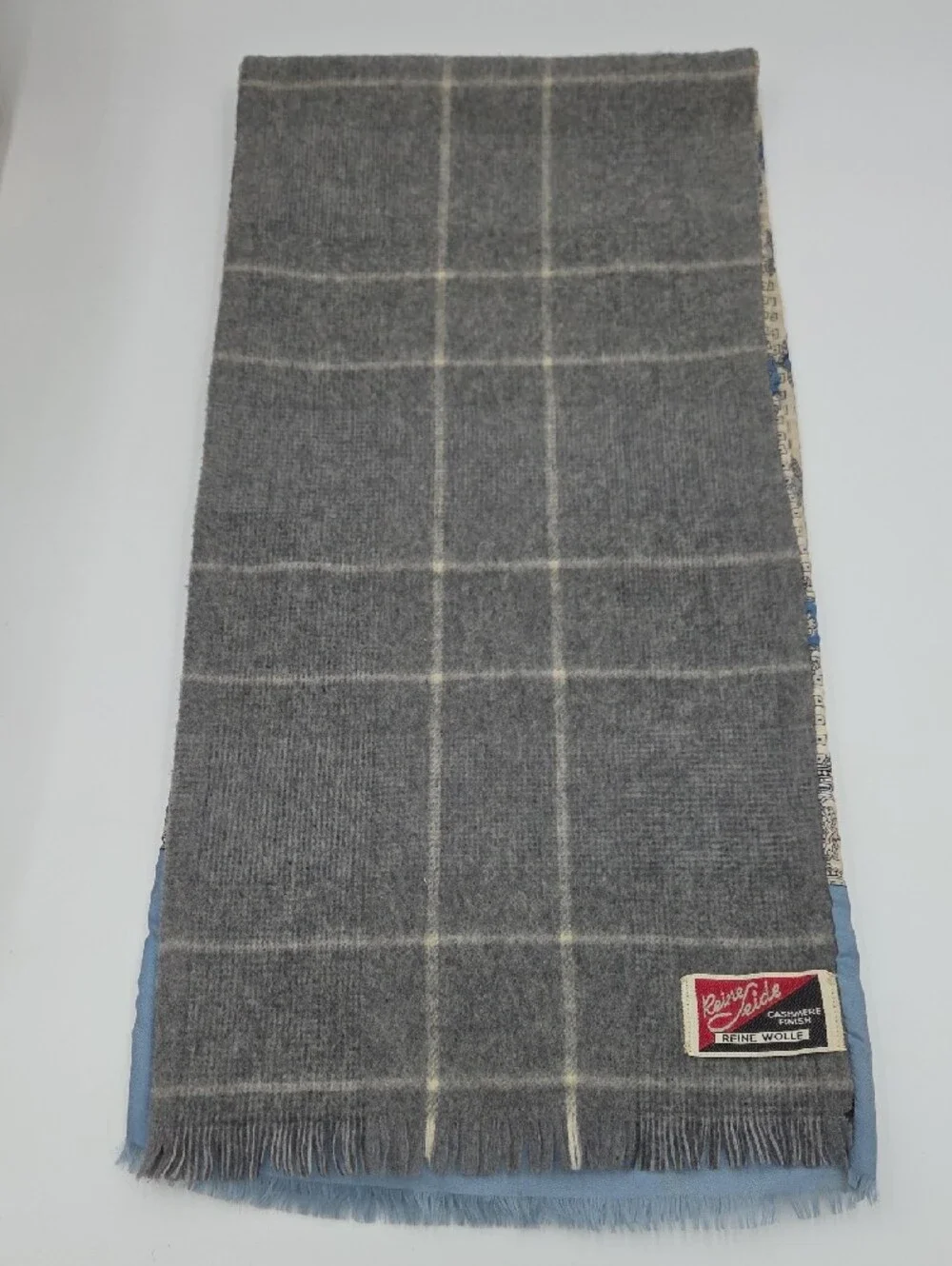 Vintage Reine Wolle Reversible Grey Blue Patterned Scarf